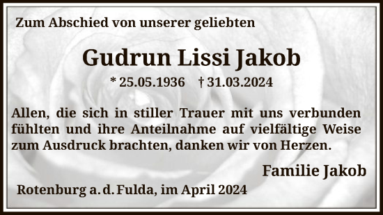 Traueranzeige von Gudrun Lissi Jakob von HNA