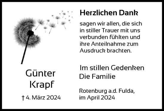 Traueranzeige von Günter Krapf von HNA