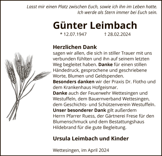 Traueranzeige von Günter Leimbach von HNA