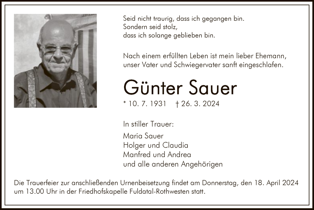  Traueranzeige für Günter Sauer vom 13.04.2024 aus HNA