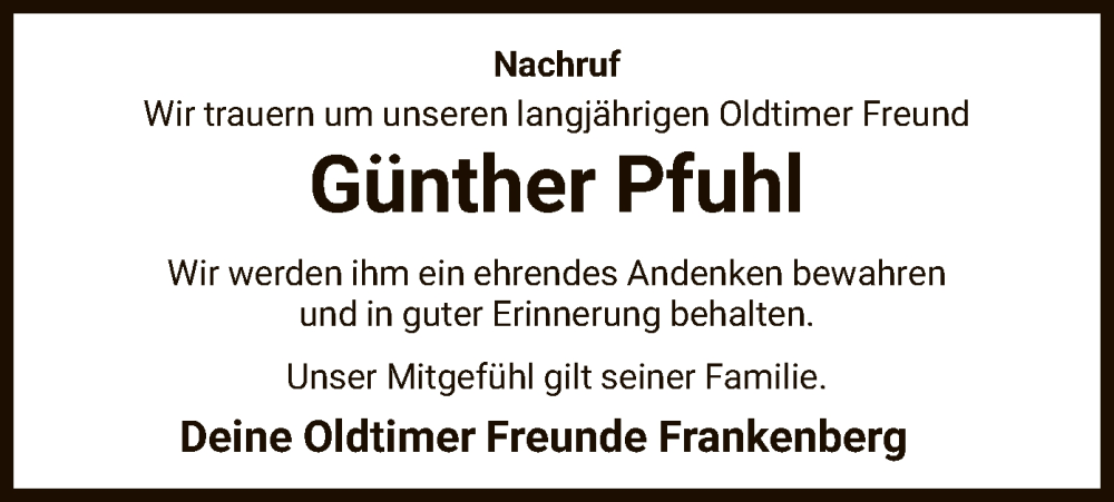  Traueranzeige für Günther Pfuhl vom 13.04.2024 aus HNA