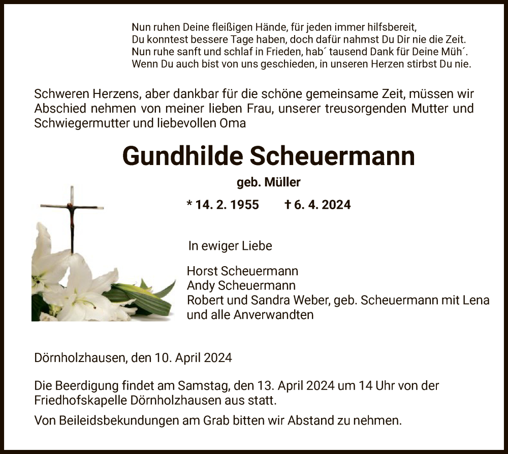  Traueranzeige für Gundhilde Scheuermann vom 10.04.2024 aus HNA