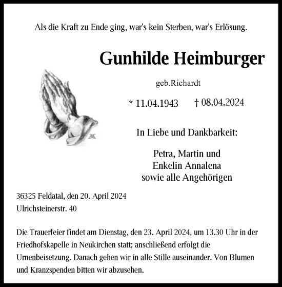 Traueranzeigen Von Gunhilde Heimburger | Trauer.HNA.de