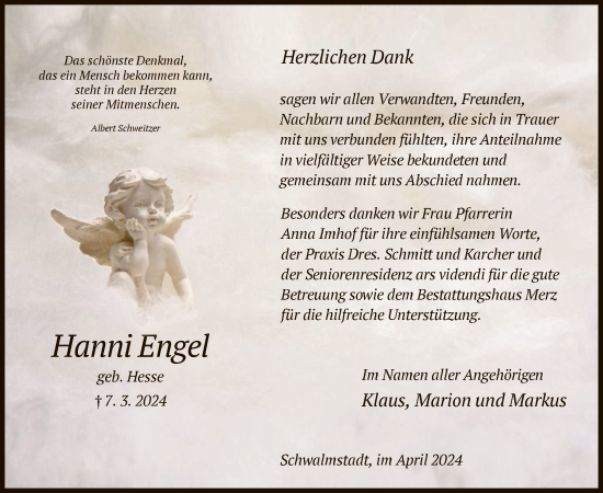 Traueranzeige von Hanni Engel von HNA