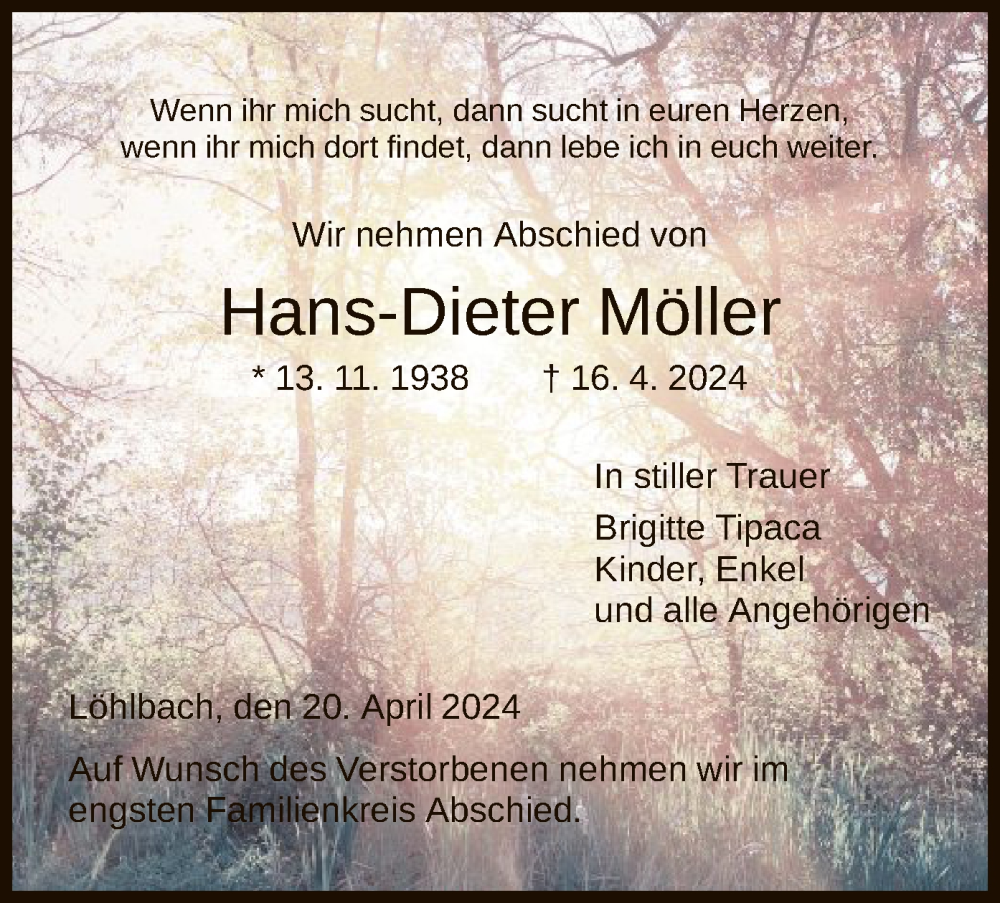  Traueranzeige für Hans-Dieter Möller vom 20.04.2024 aus HNA