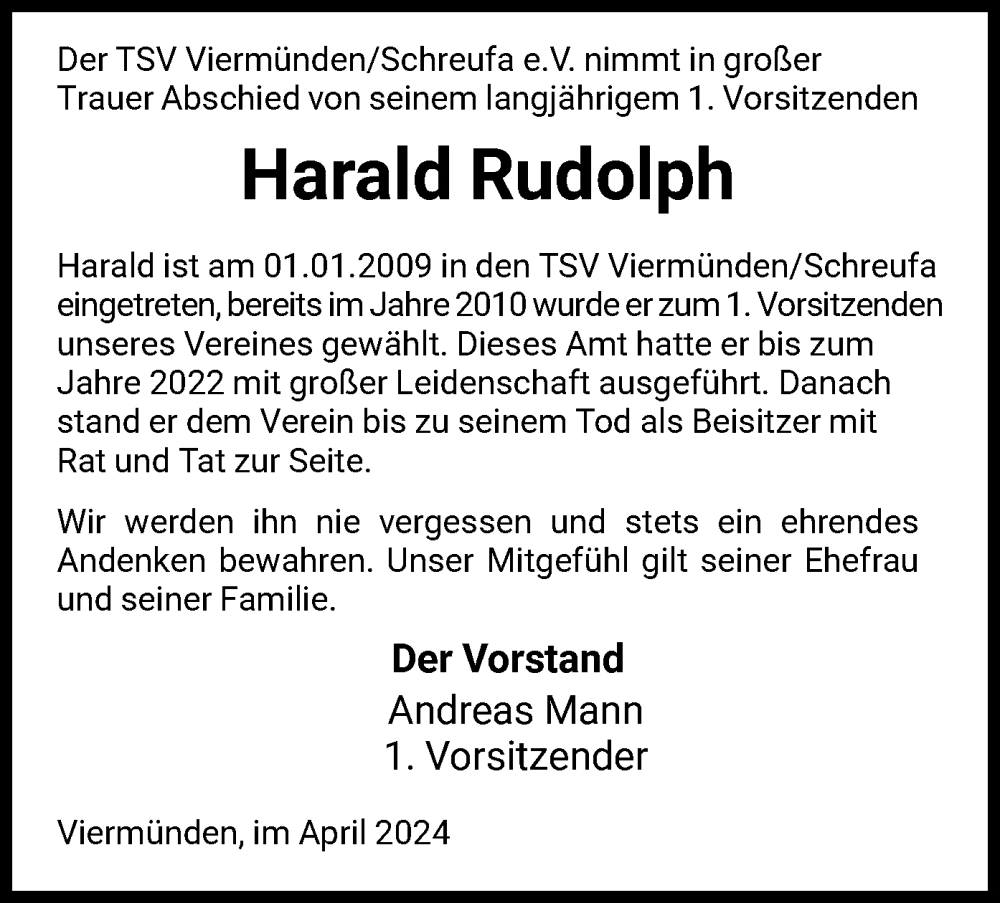  Traueranzeige für Harald Rudolph vom 03.04.2024 aus HNA