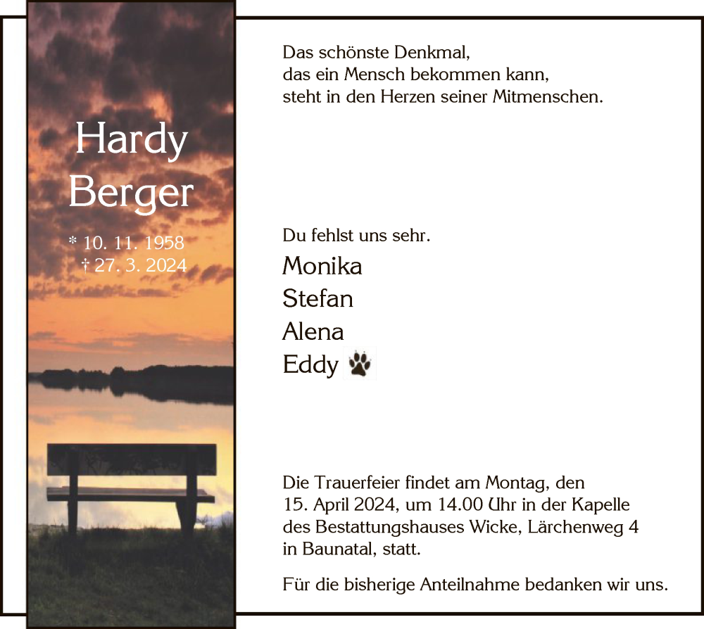  Traueranzeige für Hardy Berger vom 10.04.2024 aus HNA