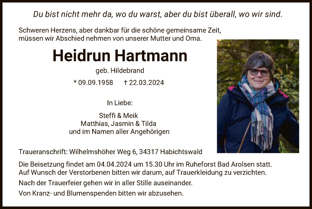  Traueranzeige für Heidrun Hartmann vom 02.04.2024 aus HNA