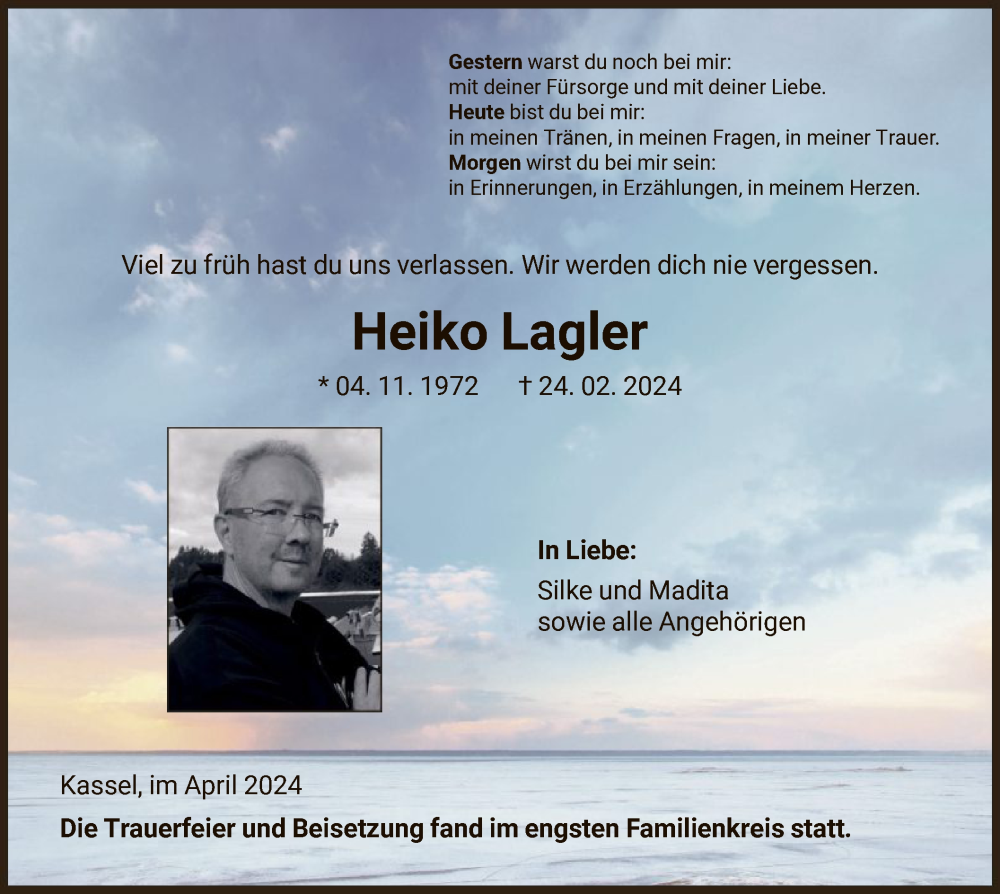  Traueranzeige für Heiko Lagler vom 27.04.2024 aus HNA