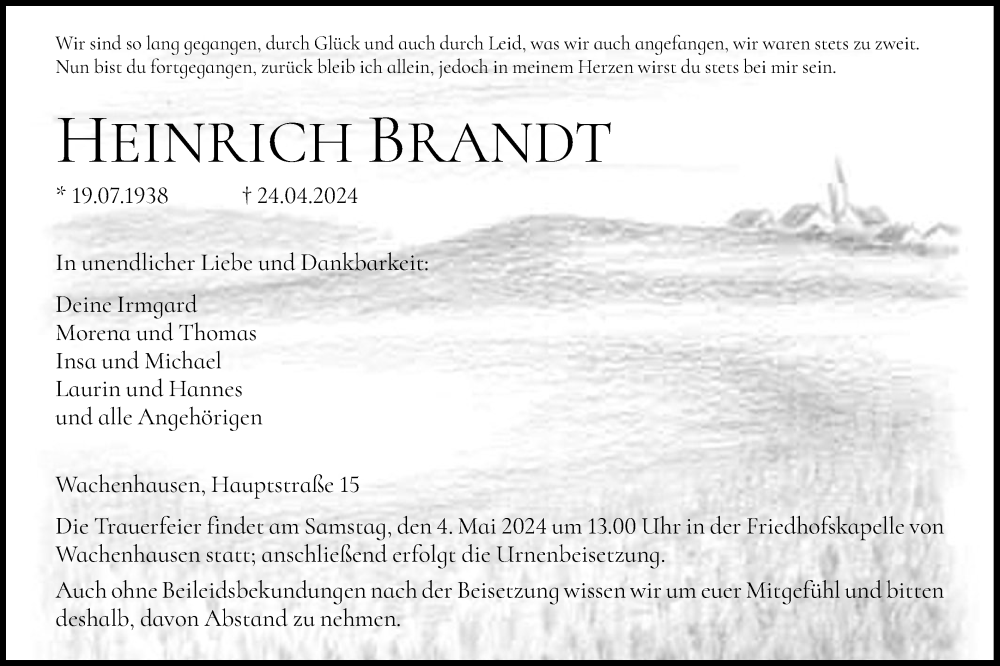  Traueranzeige für Heinrich Brandt vom 27.04.2024 aus HNA