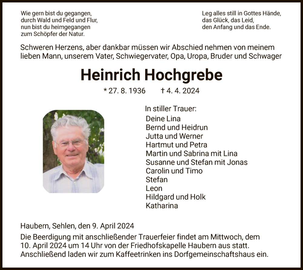 Traueranzeige für Heinrich Hochgrebe vom 09.04.2024 aus HNA