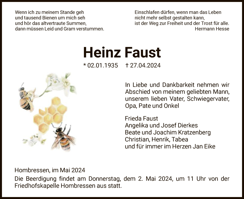  Traueranzeige für Heinz Faust vom 30.04.2024 aus HNA