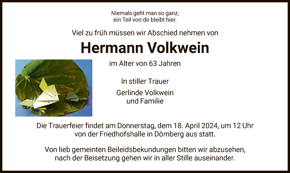  Traueranzeige für Hermann Volkwein vom 13.04.2024 aus HNA
