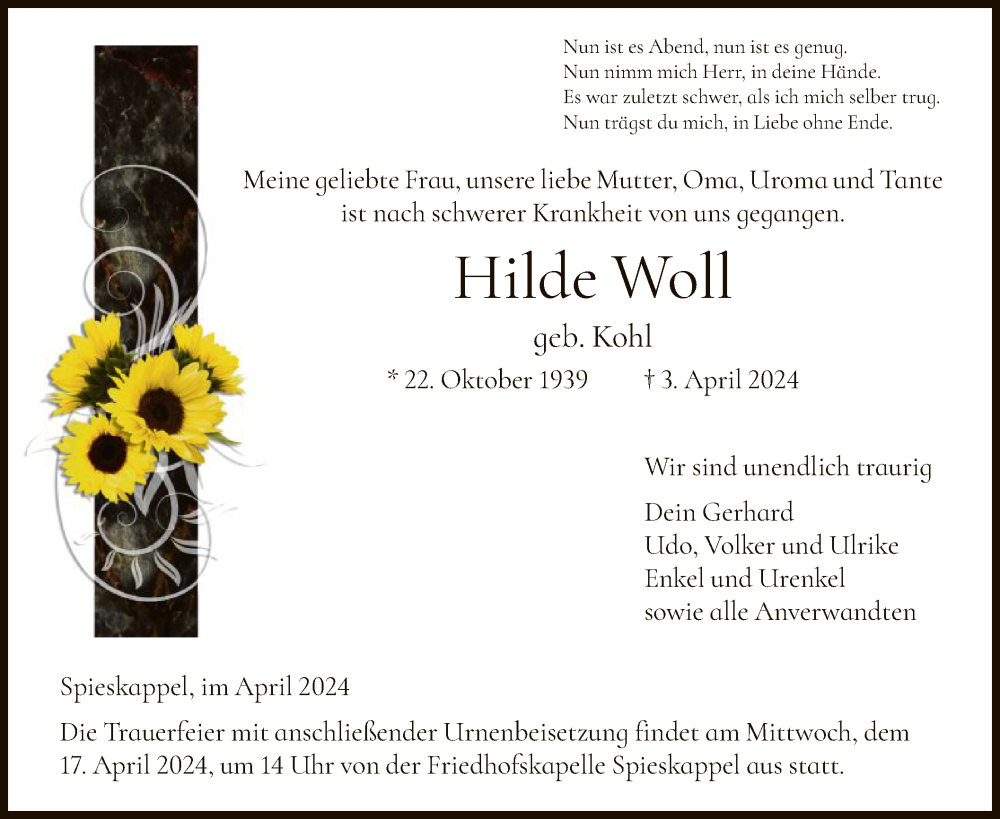  Traueranzeige für Hilde Woll vom 13.04.2024 aus HNAHNA