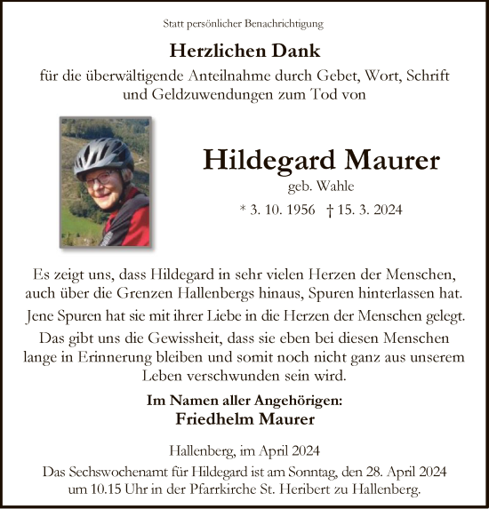 Traueranzeige von Hildegard Maurer von HNA