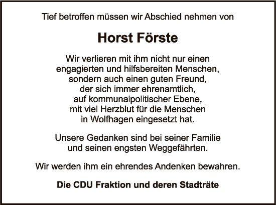 Traueranzeige von Horst Förste von HNA