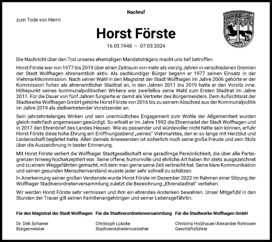 Traueranzeige von Horst Förste von HNA