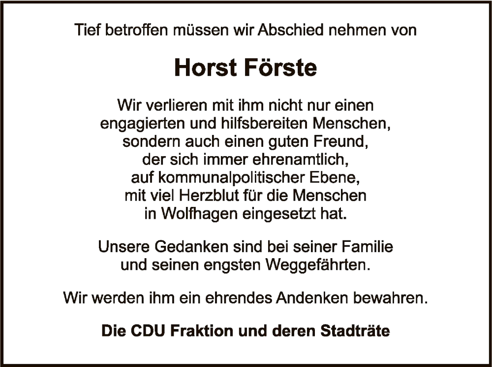 Traueranzeige für Horst Förste vom 06.04.2024 aus HNA