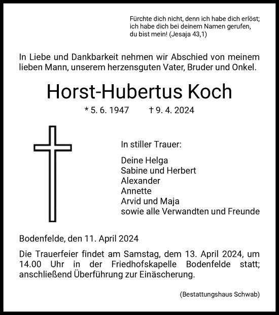 Traueranzeige von Horst-Hubertus Koch von HNA