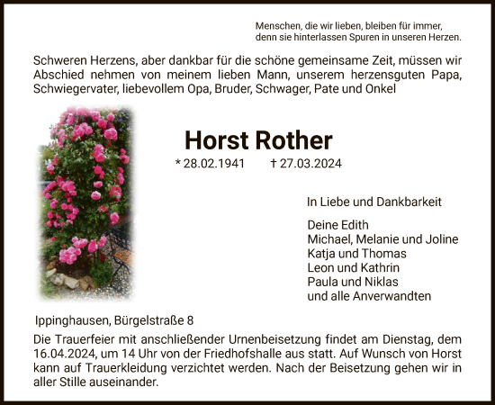 Traueranzeige von Horst Rother von HNA