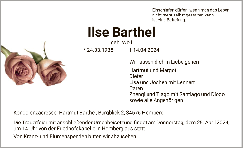  Traueranzeige für Ilse Barthel vom 20.04.2024 aus HNAHNAHNA