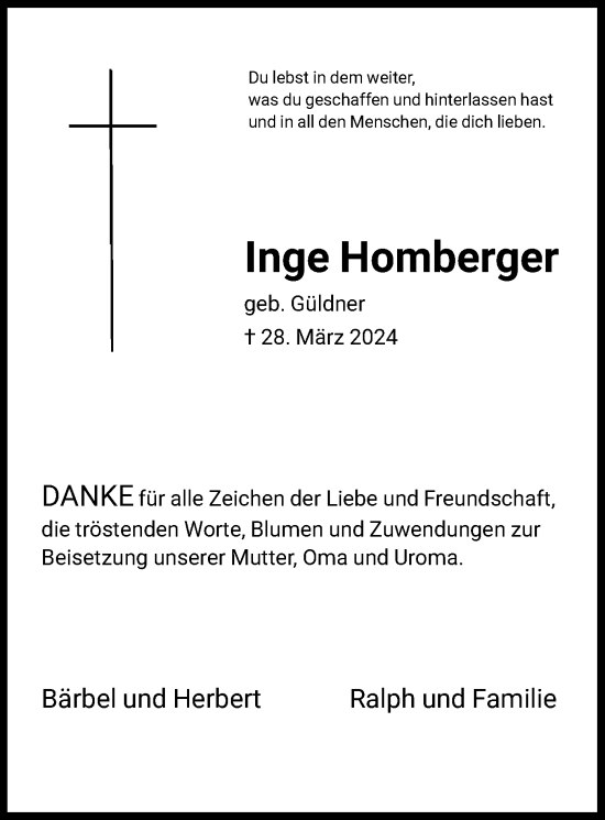 Traueranzeige von Inge Homberger von HNA