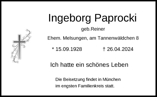 Traueranzeigen von Ingeborg Paprocki | Trauer.HNA.de