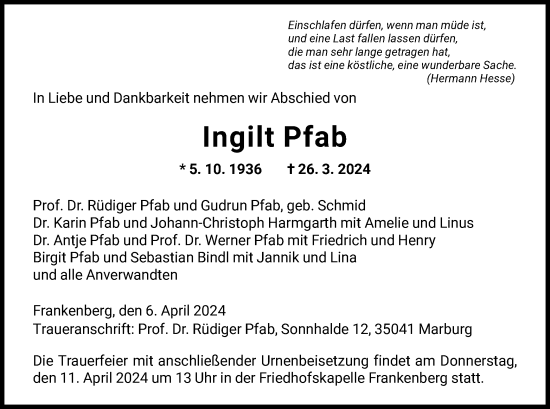 Traueranzeige von Ingilt Pfab von HNA