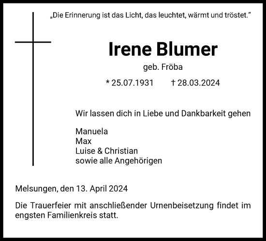 Traueranzeige von Irene Blumer von HNA