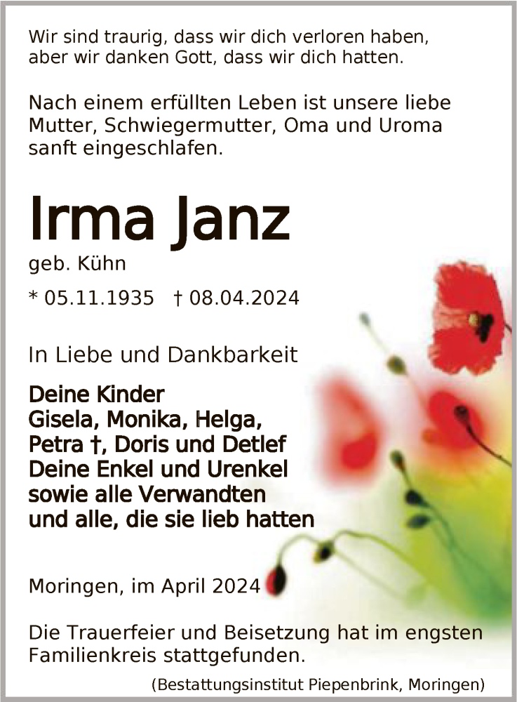  Traueranzeige für Irma Janz vom 13.04.2024 aus HNA