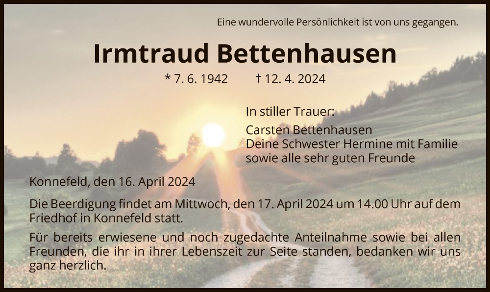  Traueranzeige für Irmtraud Bettenhausen vom 16.04.2024 aus HNAHNA