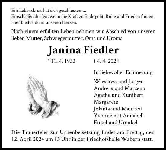 Traueranzeige von Janina Fiedler von HNA