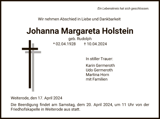 Traueranzeige von Johanna Margareta Holstein von HNA
