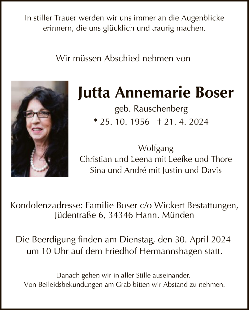  Traueranzeige für Jutta Annemarie Boser vom 27.04.2024 aus HNA
