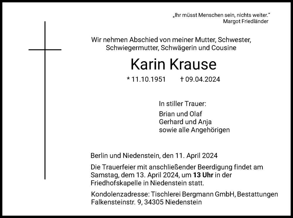  Traueranzeige für Karin Krause vom 11.04.2024 aus HNAHNA