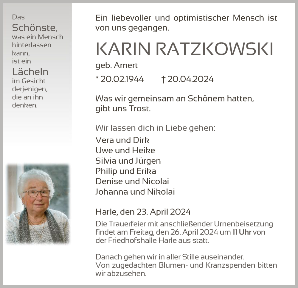  Traueranzeige für Karin Ratzkowski vom 23.04.2024 aus HNA