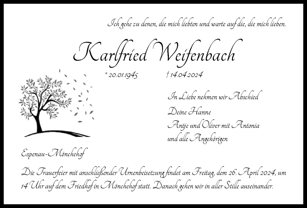  Traueranzeige für Karlfried Weifenbach vom 23.04.2024 aus HNA