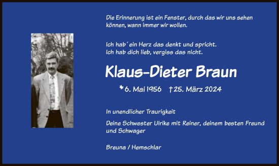 Traueranzeige von Klaus-Dieter Braun von HNA