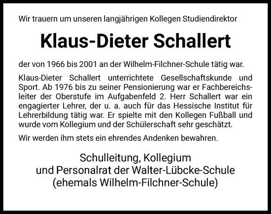 Traueranzeige von Klaus-Dieter Schallert von HNA