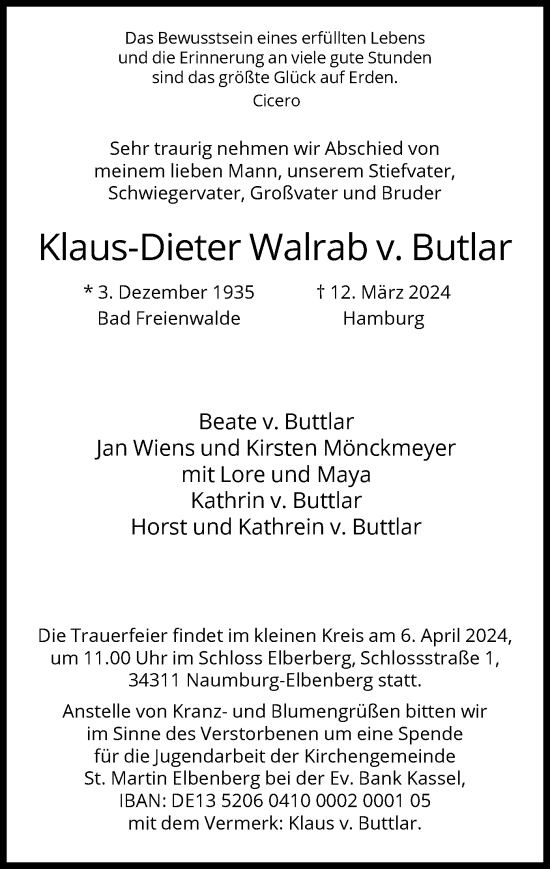 Traueranzeige von Klaus-Dieter Walrab v. Butlar von HNA