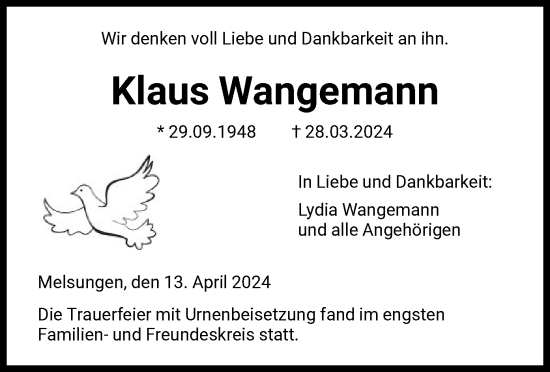 Traueranzeige von Klaus Wangemann von HNA