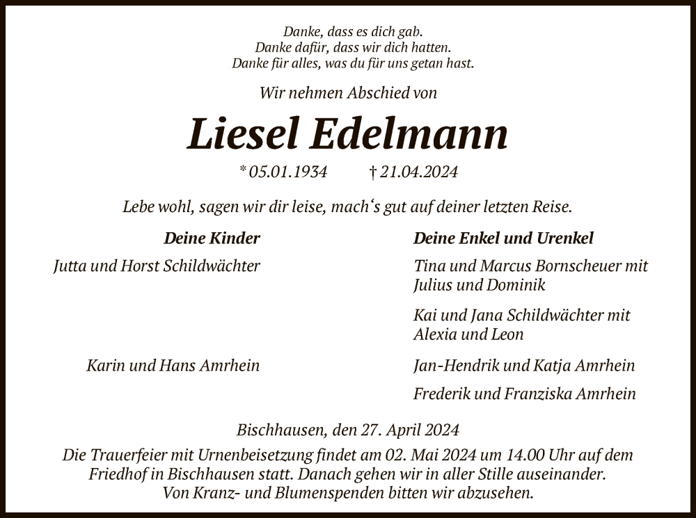  Traueranzeige für Liesel Edelmann vom 27.04.2024 aus HNA