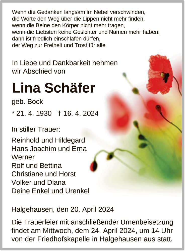  Traueranzeige für Lina Schäfer vom 20.04.2024 aus HNA