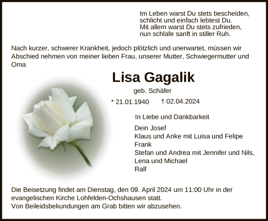 Traueranzeige von Lisa Gagalik von HNA