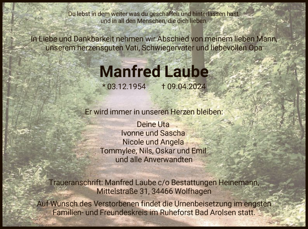  Traueranzeige für Manfred Laube vom 13.04.2024 aus HNA