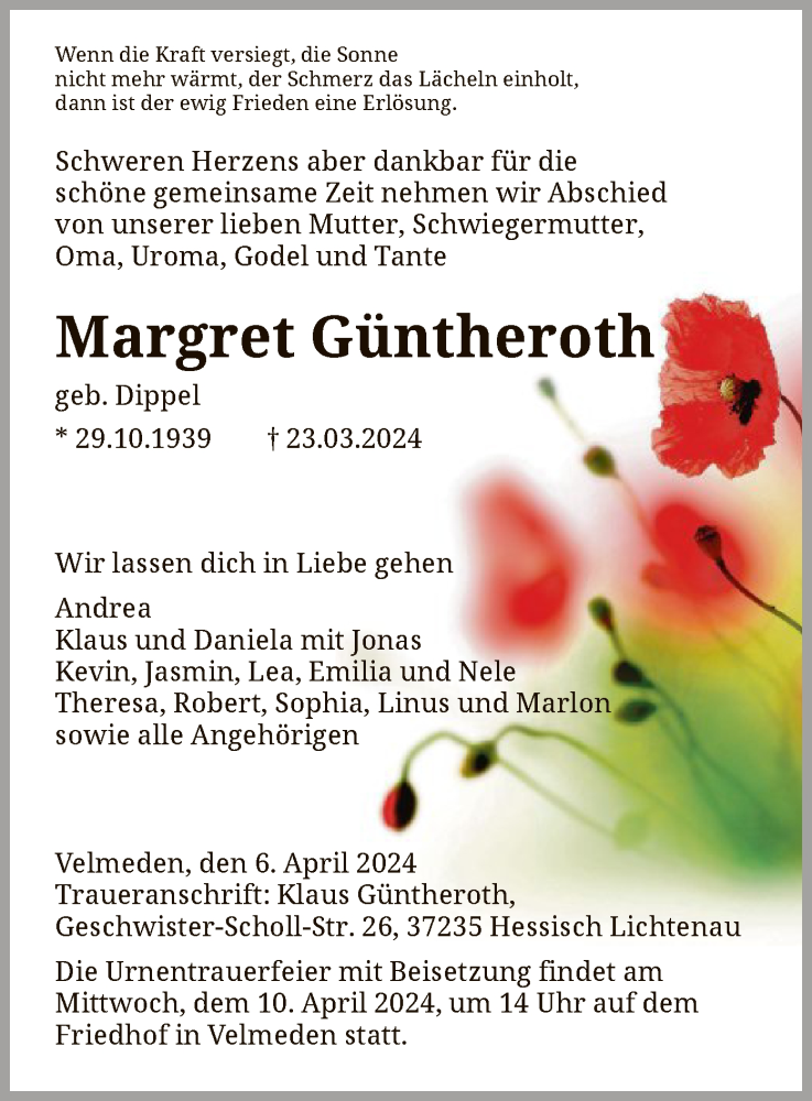  Traueranzeige für Margret Güntheroth vom 06.04.2024 aus HNA