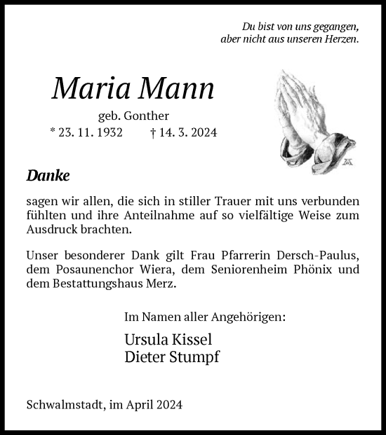 Traueranzeige von Maria Mann von HNA