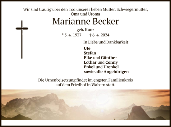 Traueranzeige von Marianne Becker von HNA