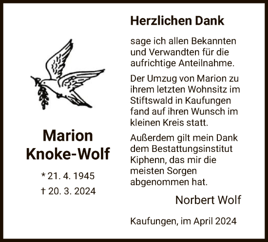 Traueranzeige von Marion Knoke-Wolf von HNA
