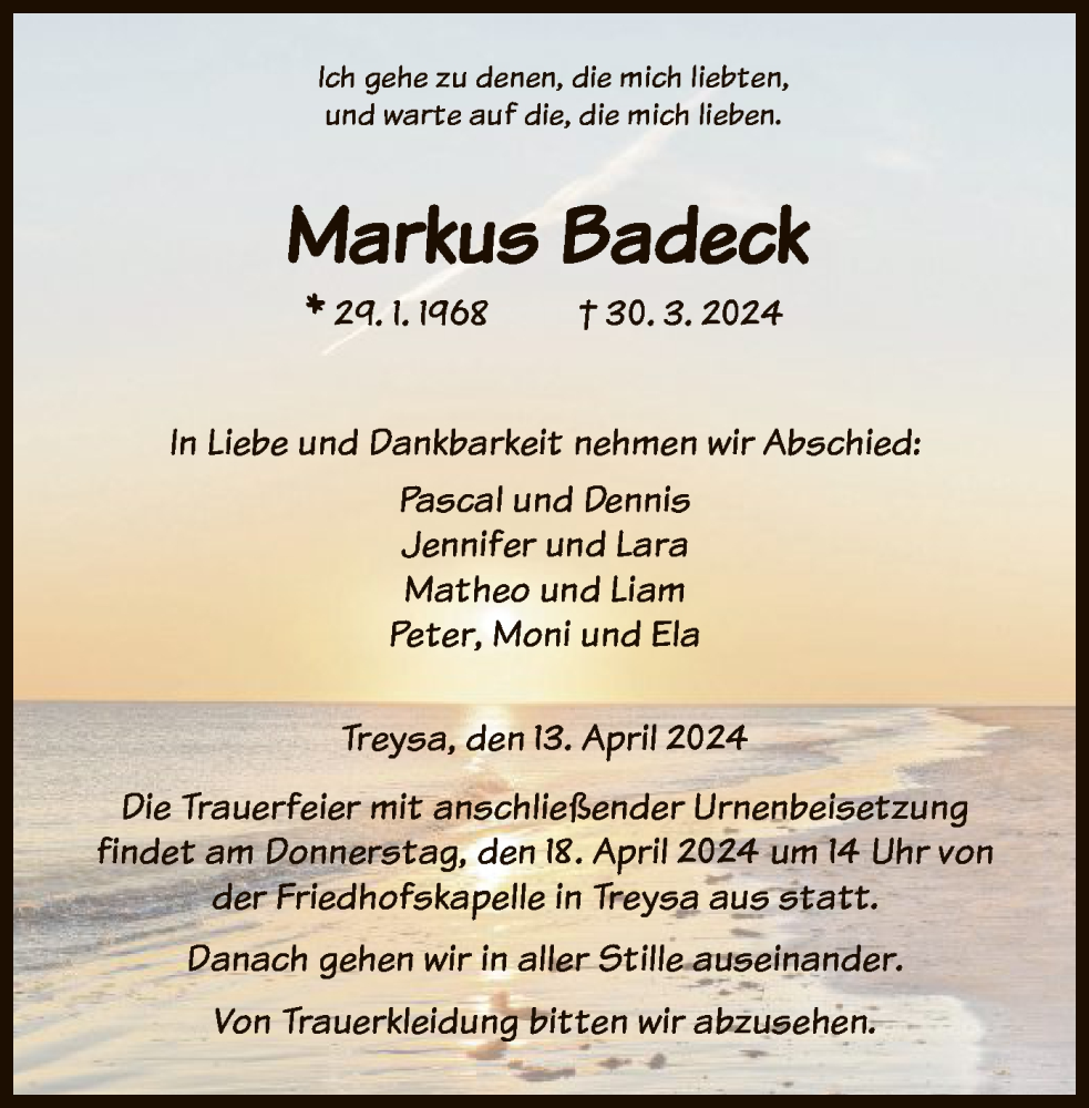  Traueranzeige für Markus Badeck vom 13.04.2024 aus HNA